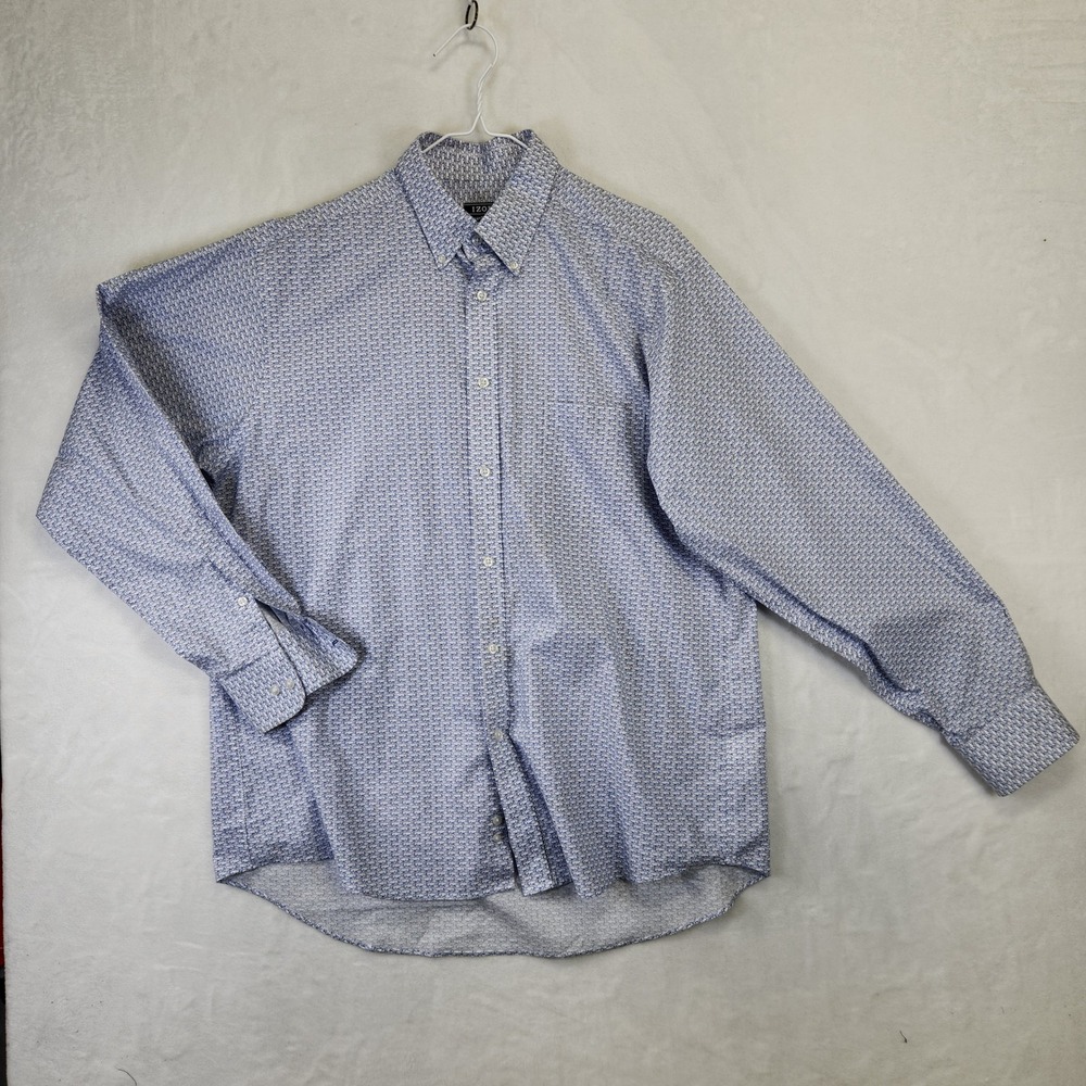 IZOD Mens Regular Fit All-Over Stretch Blue Fish Print LS Button Up Shirt L
